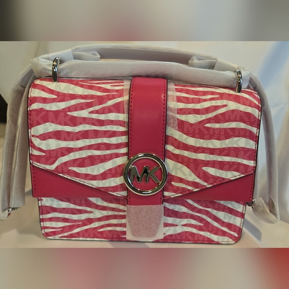 NWT Michael Kors Pink and White Zebra Patterned Crossbody 8.5x7x3 - Picture 1 of 7
